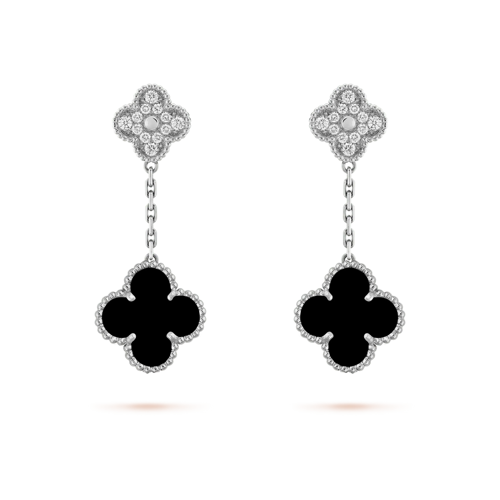 [Royal]CLOVER 2 MOTIFS  DIAMOND ONYX EARRINGS SILVER
